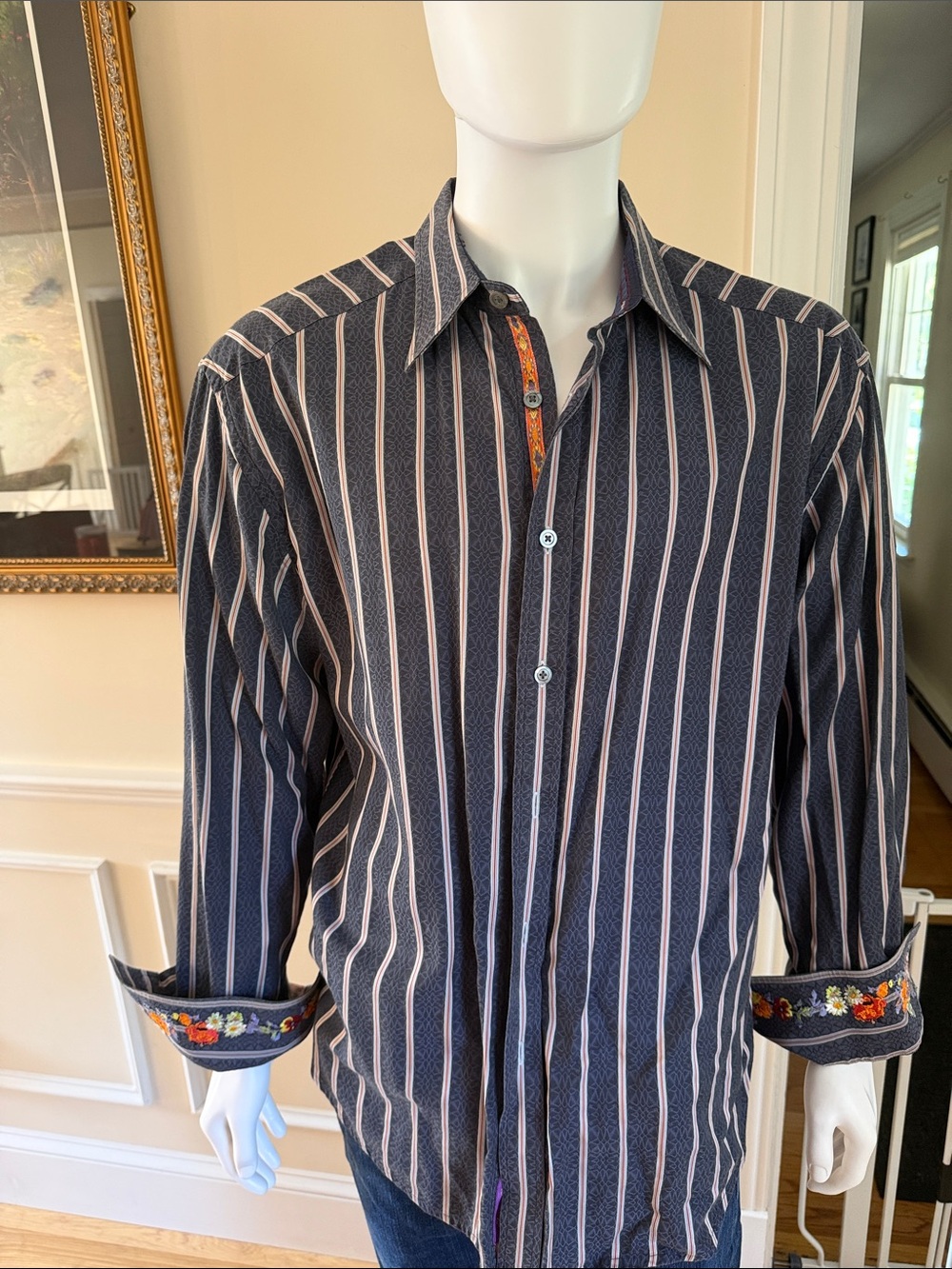 Robert Graham Navy Button-Down Shirt with Cream Stripes and Floral Trim